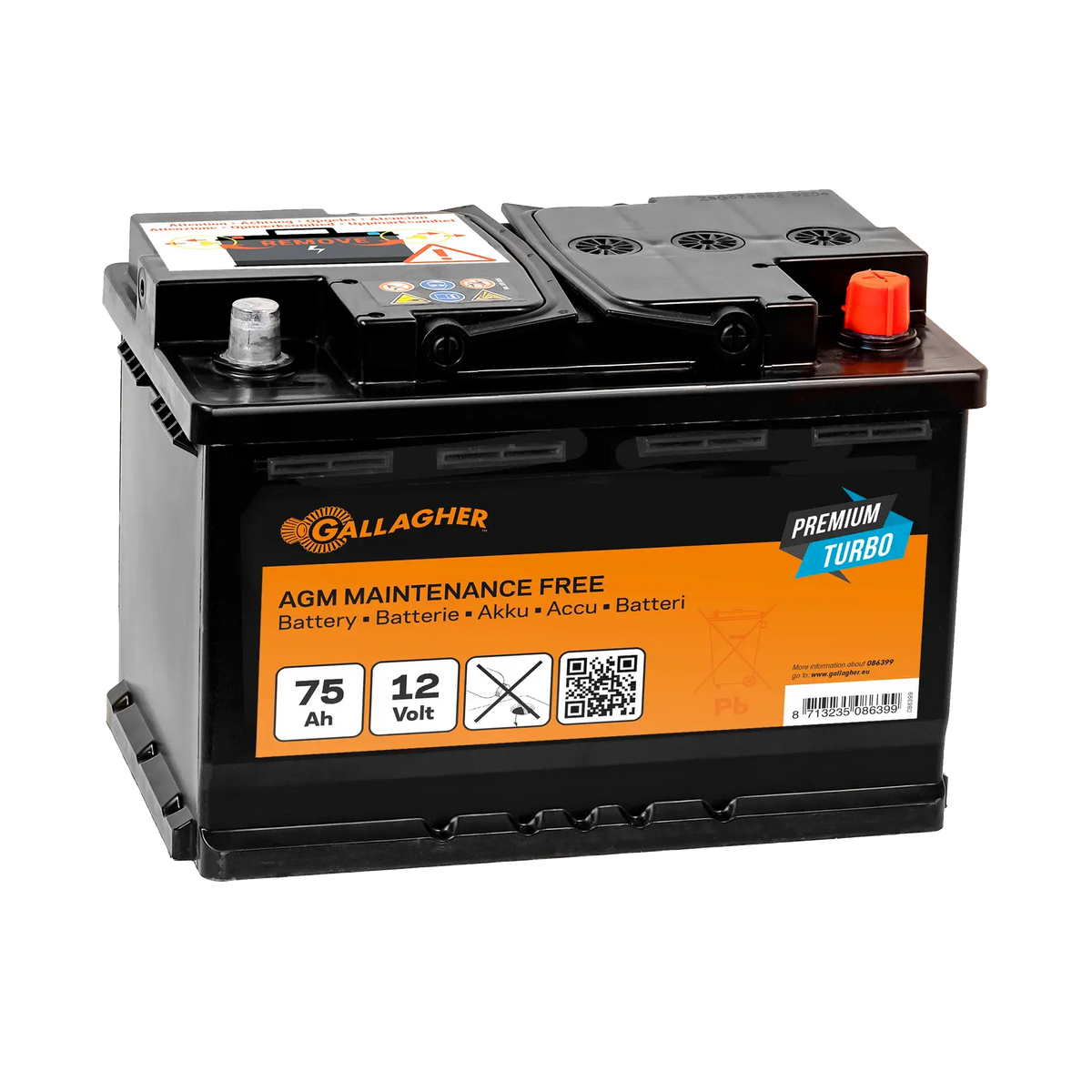 Gallagher Battery 12V/75Ah Turbo AGM - Reliable 